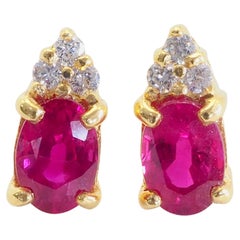 18K Gold 1.36ct Oval Thai Ruby & 0.10ct Diamond Fine Stud Earrings
