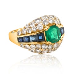 18K Gold 1.38 ct Columbia Emerald, 2.0ct Diamond and 0.5 ct Sapphire Ring