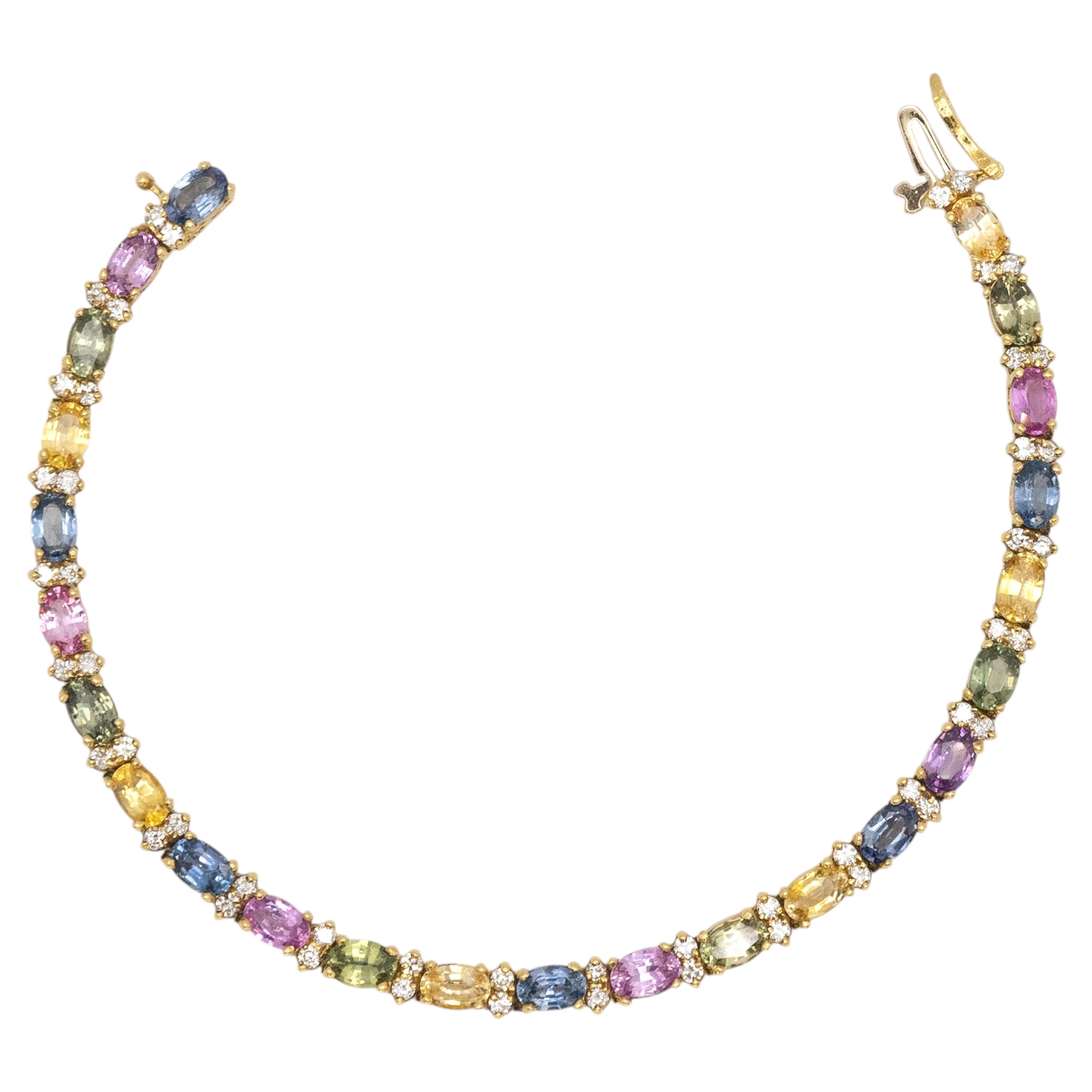 Bracciale tennis in oro 18 carati con zaffiri multicolori da 13,80 carati e diamanti