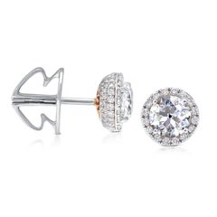 18k Gold 1.38 ct Old Mine Cut Diamond Halo Earrings Studs Contemporary Settings