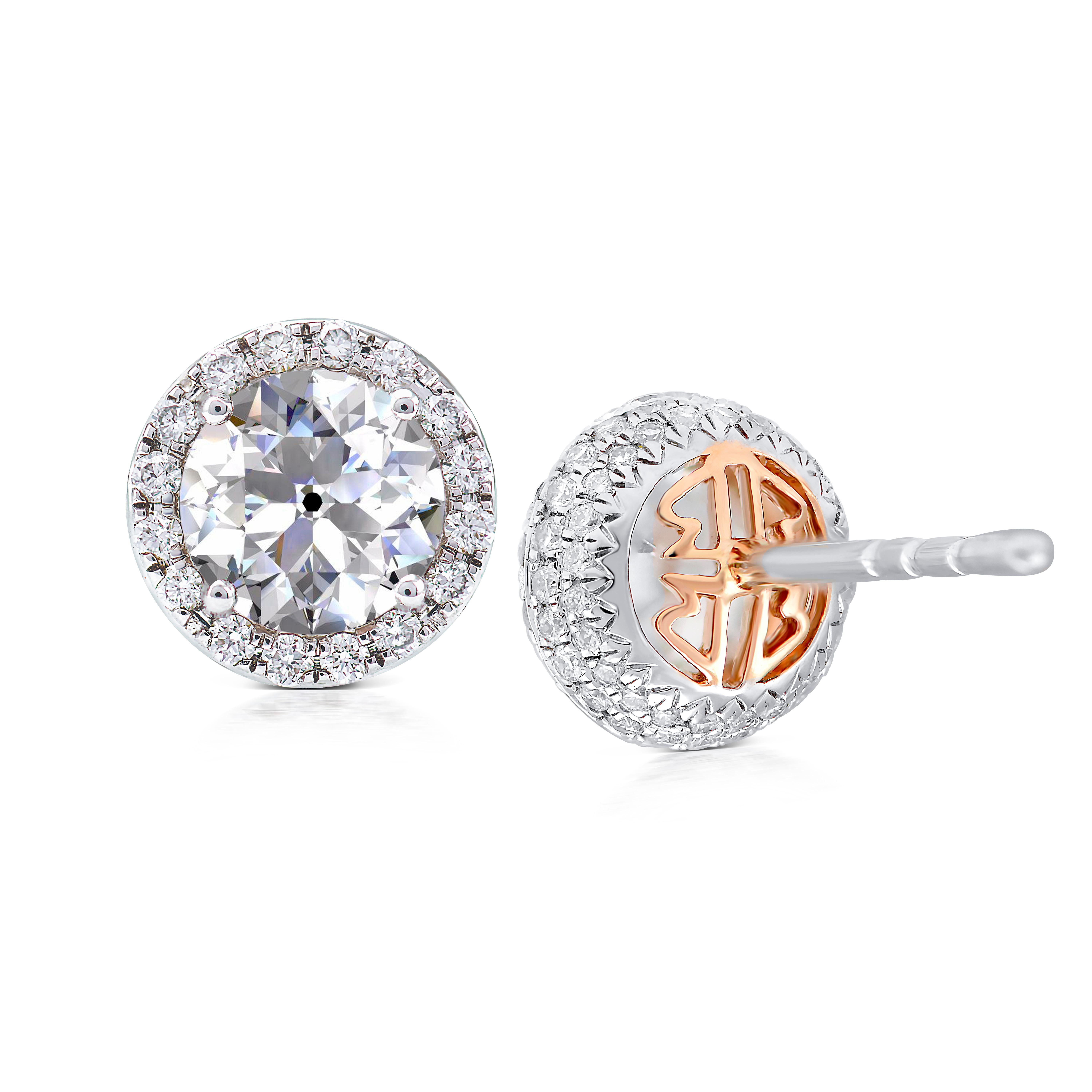 18k Gold 1.38 ct Old Mine Cut Diamond Halo Earrings Studs Contemporary Settings In New Condition For Sale In London, GB