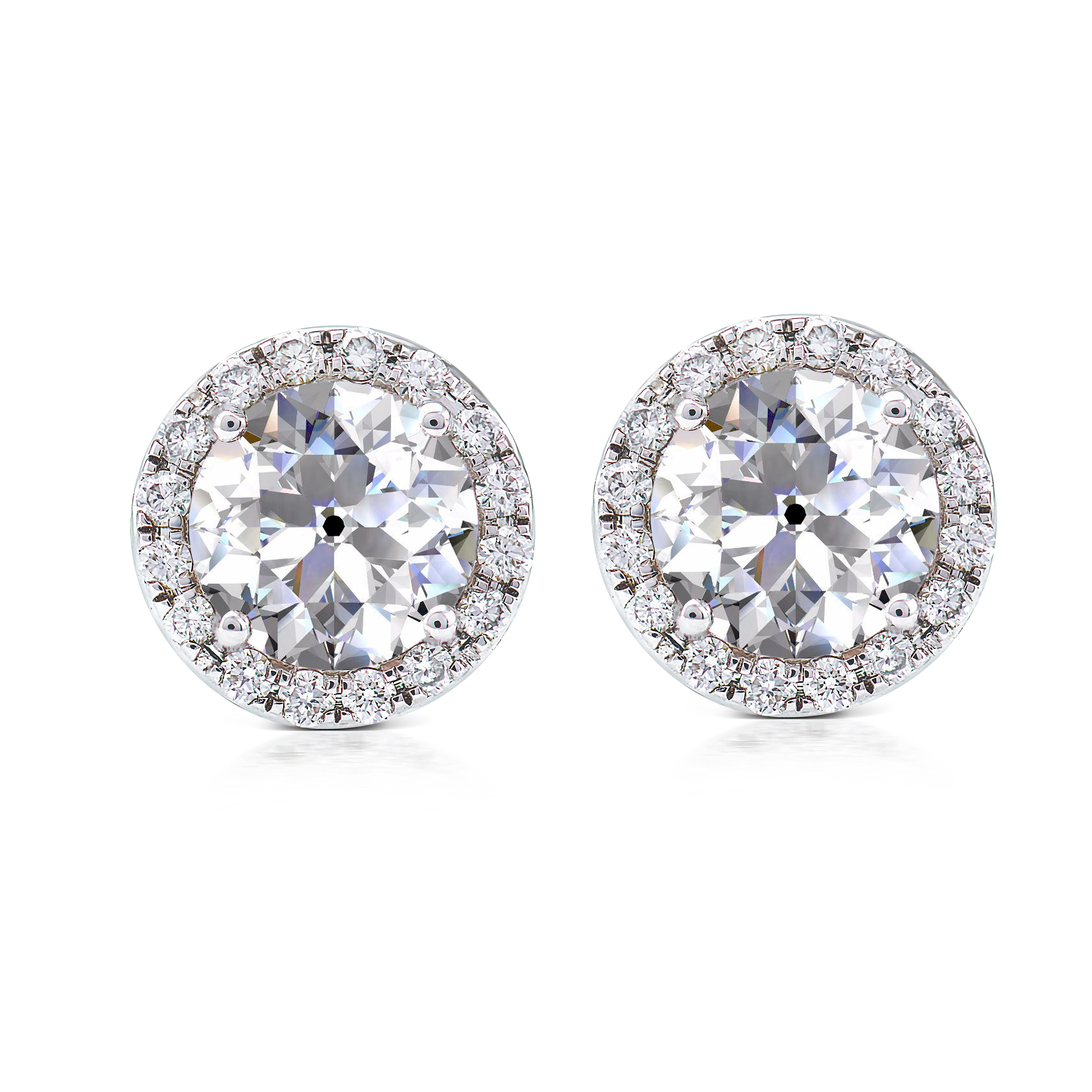 Women's 18k Gold 1.38 ct Old Mine Cut Diamond Halo Earrings Studs Contemporary Settings For Sale