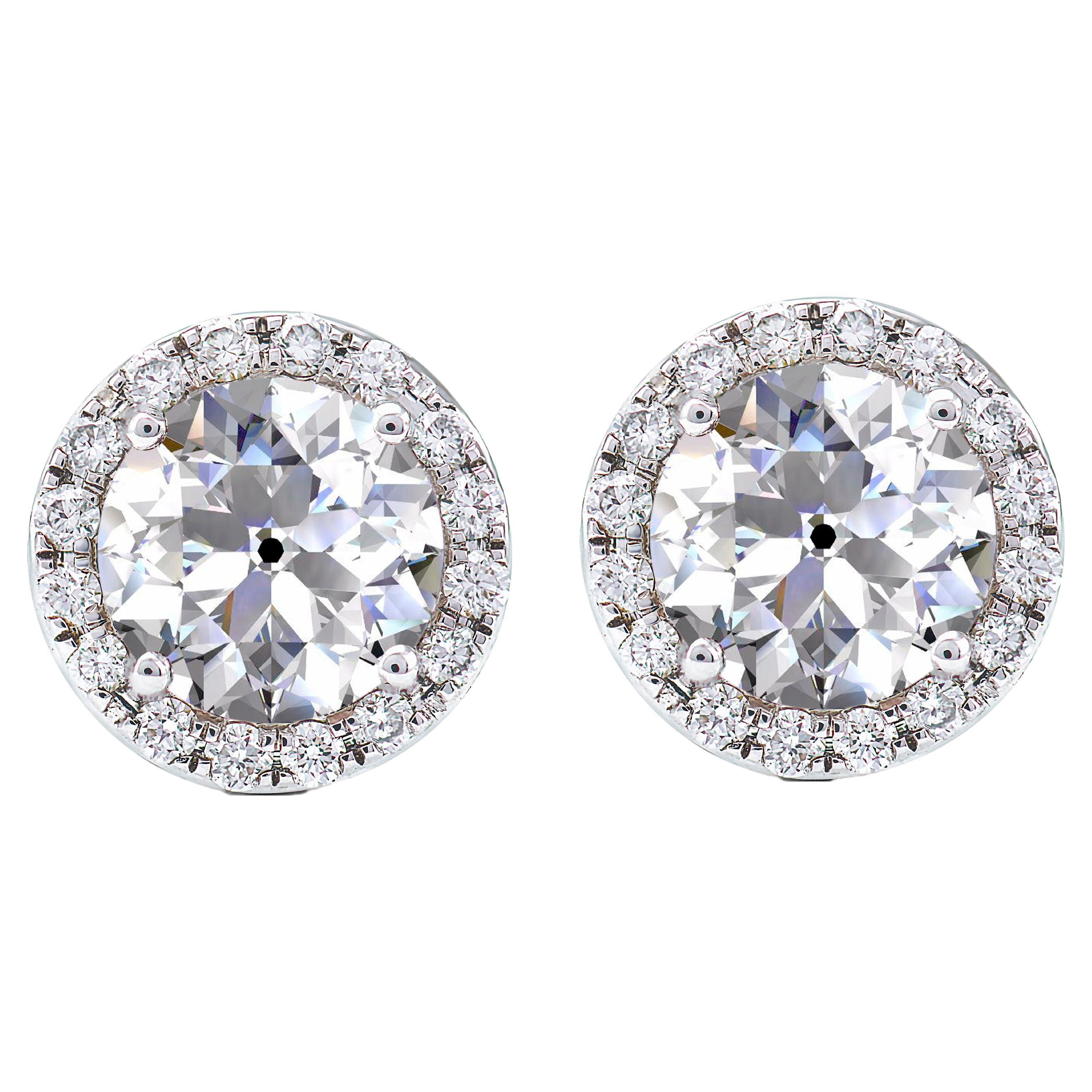 18k Gold 1.38 ct Old Mine Cut Diamond Halo Earrings Studs Contemporary Settings For Sale