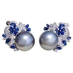 18k Gold 1.39ct Sapphire Diamond Certificate Ocean Blue Tahitian Pearl Earrings