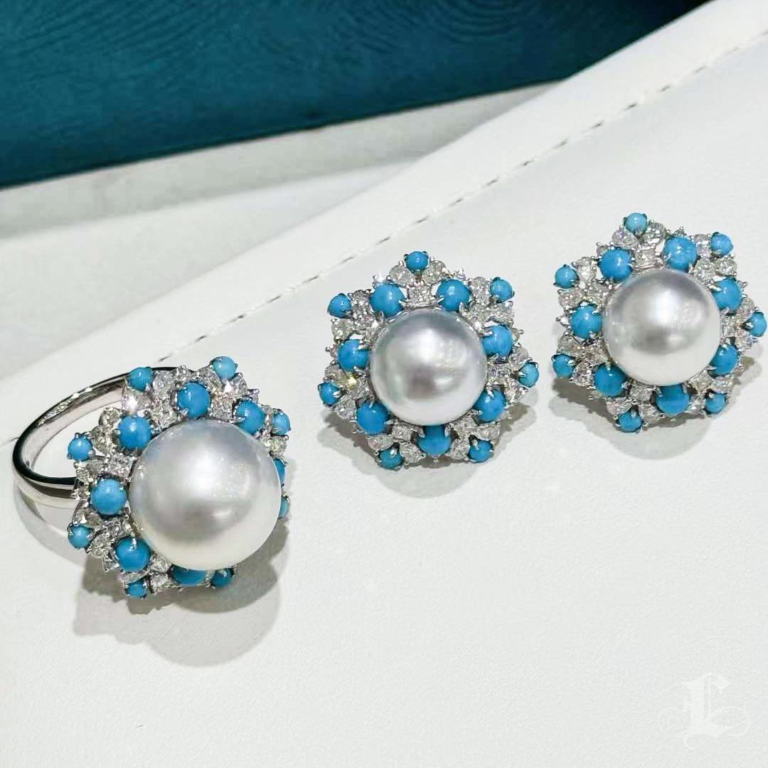 【Caelmare】Empress Convertible South Sea Pearl & Turquoise Diamond Ring-Pendant For Sale 6