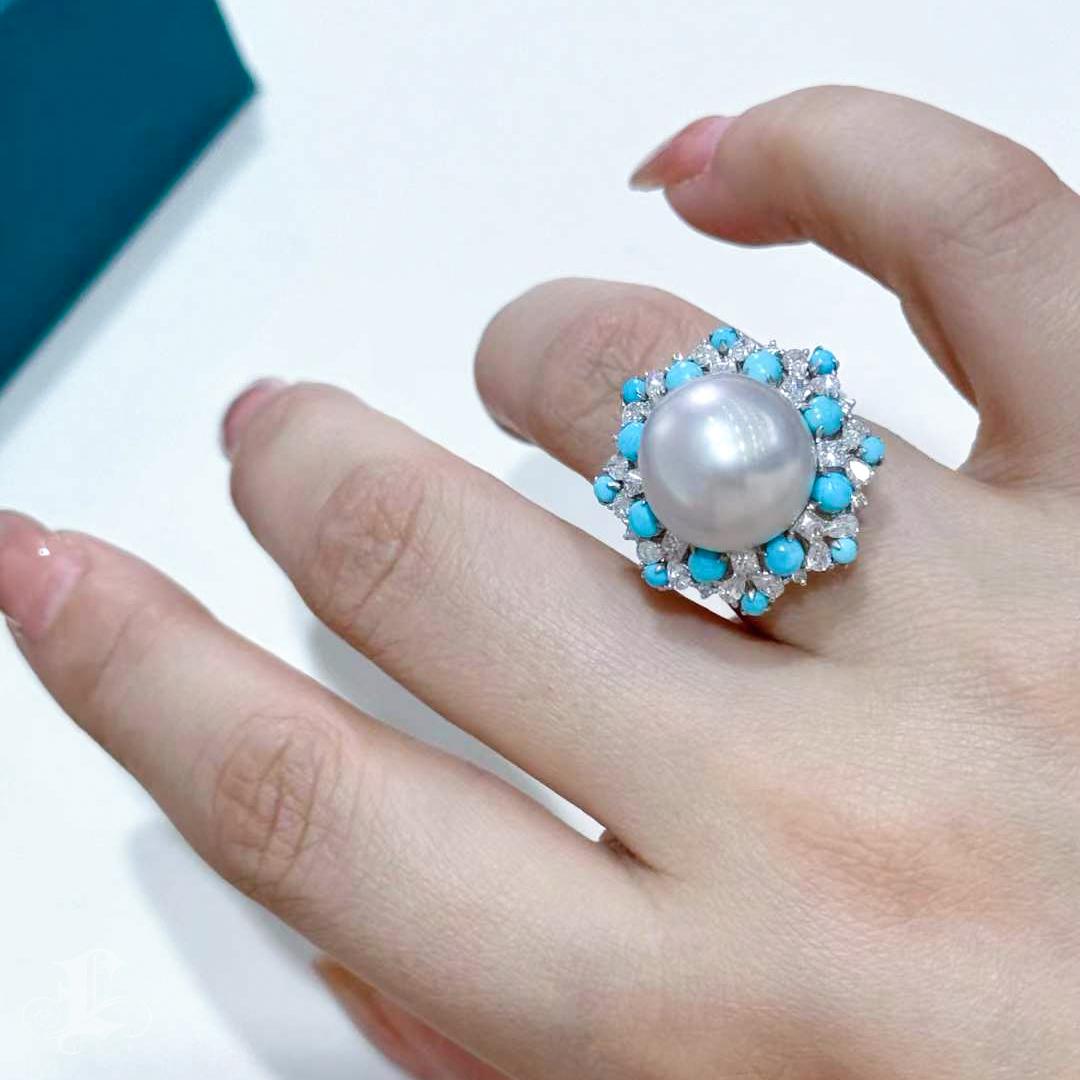 【Caelmare】Empress Convertible South Sea Pearl & Turquoise Diamond Ring-Pendant For Sale 7