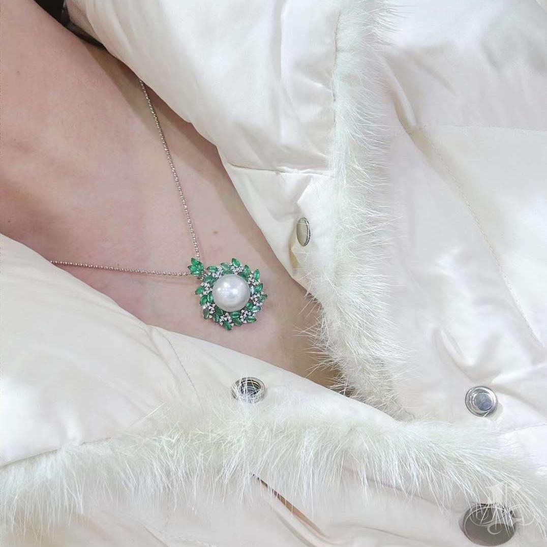 【Caelmare】Empress Convertible South Sea Pearl & Turquoise Diamond Ring-Pendant For Sale 8
