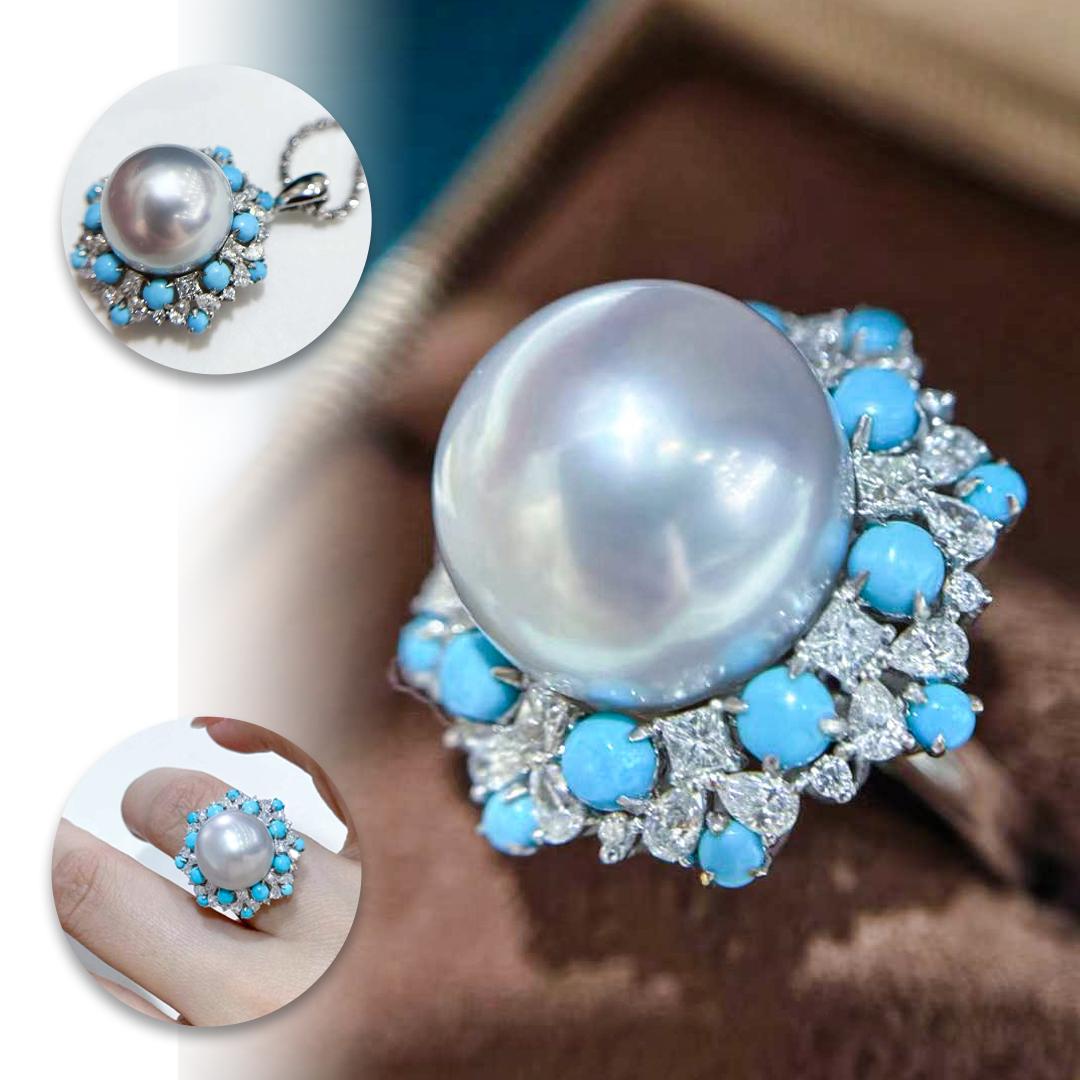 Uncut 【Caelmare】Empress Convertible South Sea Pearl & Turquoise Diamond Ring-Pendant For Sale