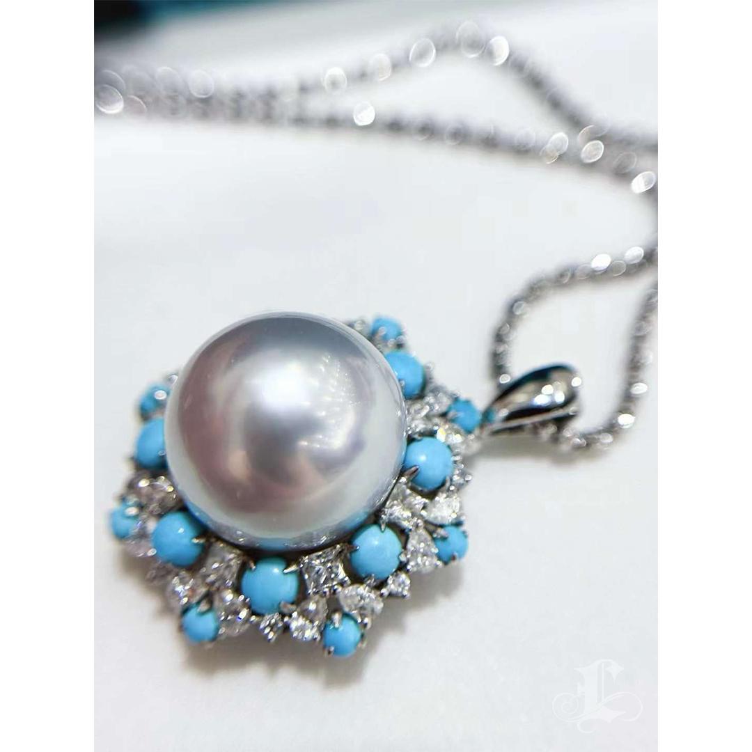 【Caelmare】Empress Convertible South Sea Pearl & Turquoise Diamond Ring-Pendant In New Condition For Sale In New York, NY