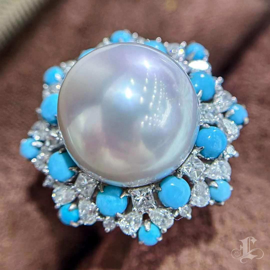 Women's 【Caelmare】Empress Convertible South Sea Pearl & Turquoise Diamond Ring-Pendant For Sale