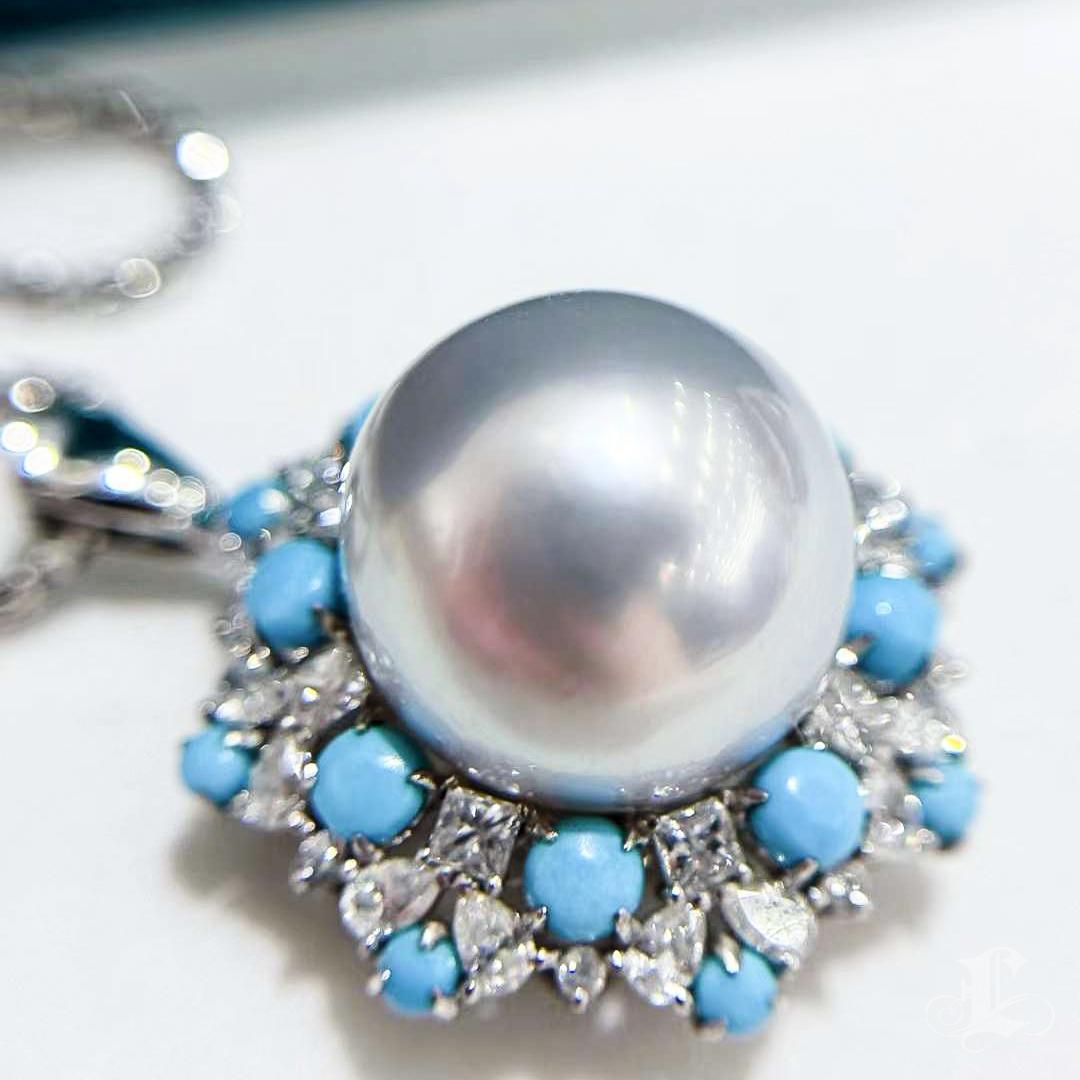 【Caelmare】Empress Convertible South Sea Pearl & Turquoise Diamond Ring-Pendant For Sale 1