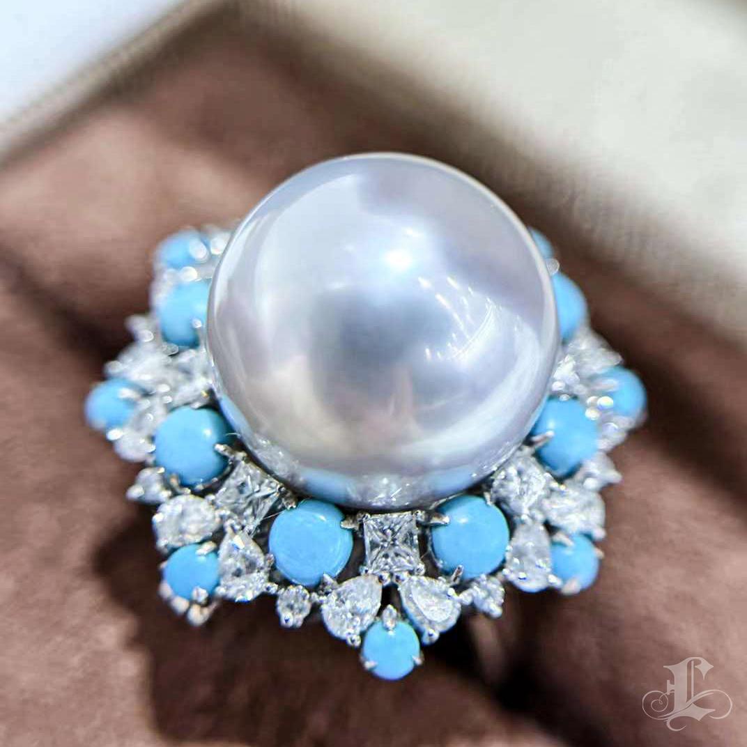 【Caelmare】Empress Convertible South Sea Pearl & Turquoise Diamond Ring-Pendant For Sale 2