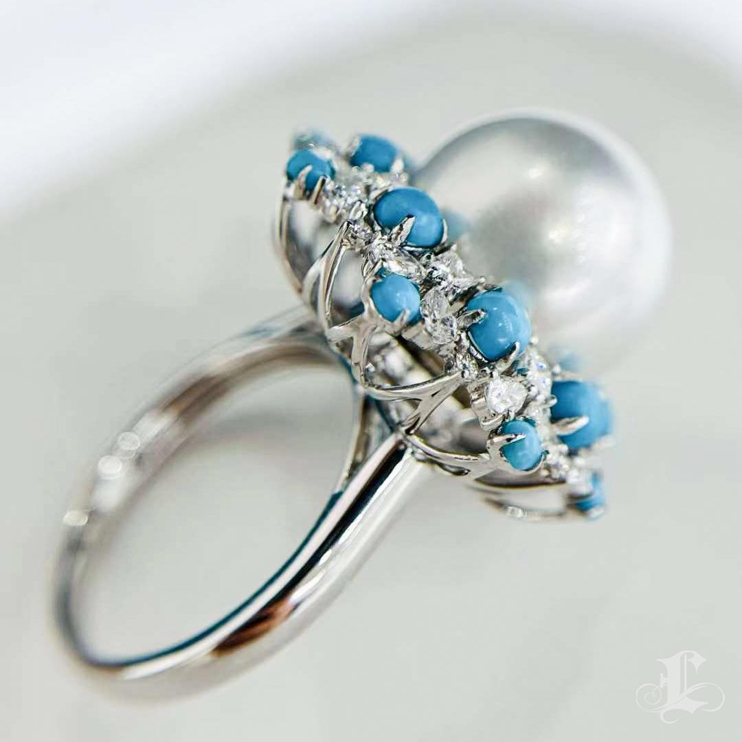 【Caelmare】Empress Convertible South Sea Pearl & Turquoise Diamond Ring-Pendant For Sale 4