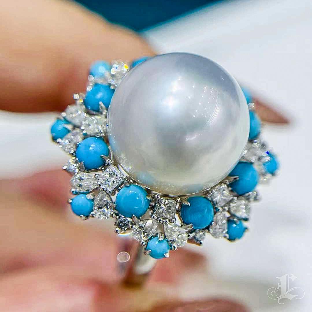 【Caelmare】Empress Convertible South Sea Pearl & Turquoise Diamond Ring-Pendant For Sale 5
