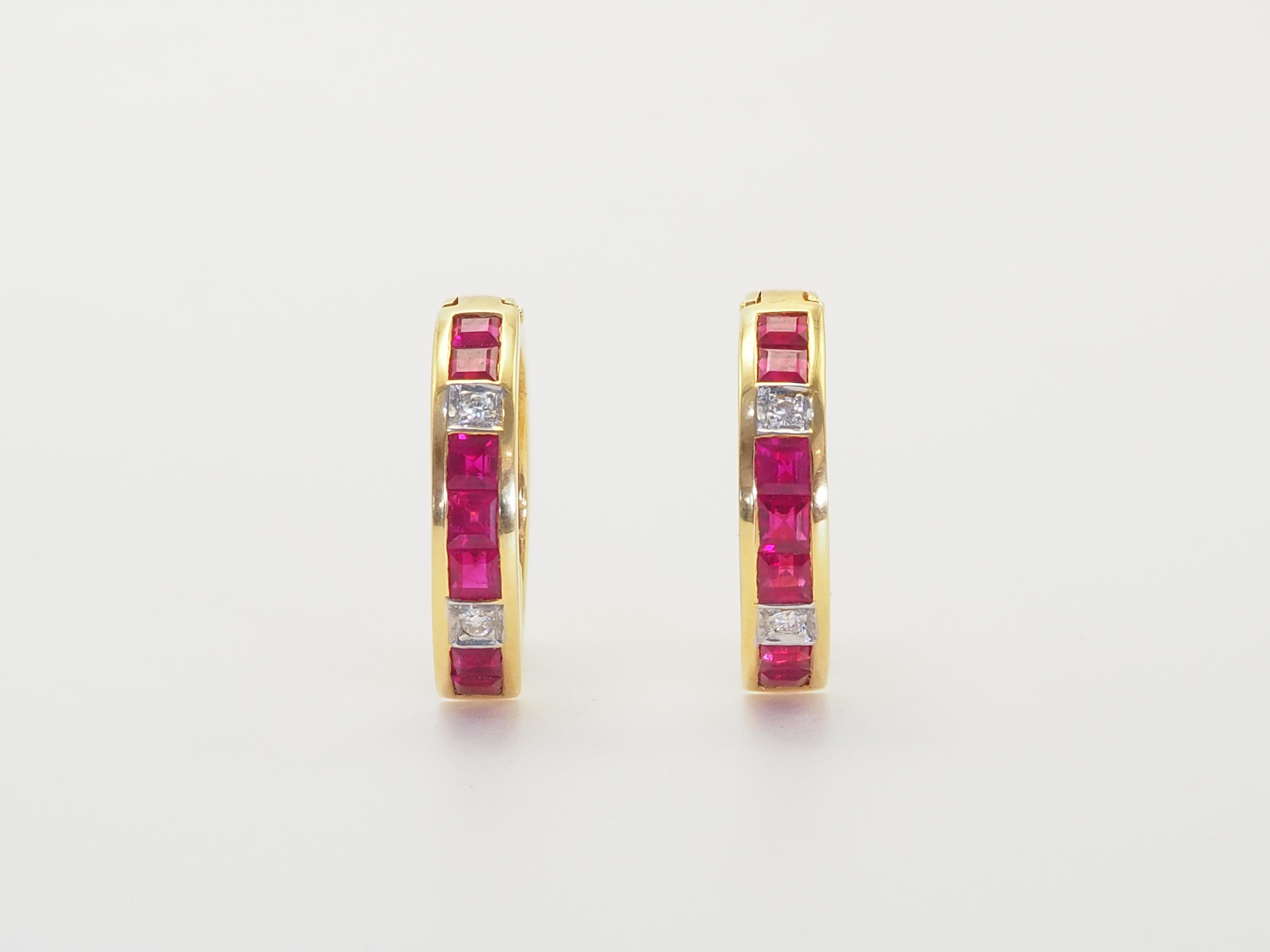 Beautiful and unique earrings made in the early 2000s and has never been worn. The earrings are hoop style and is intricately designed. There are 14 squared rubies in total and therefore 7 for each ear. 4 brilliant diamonds are very bright. They are