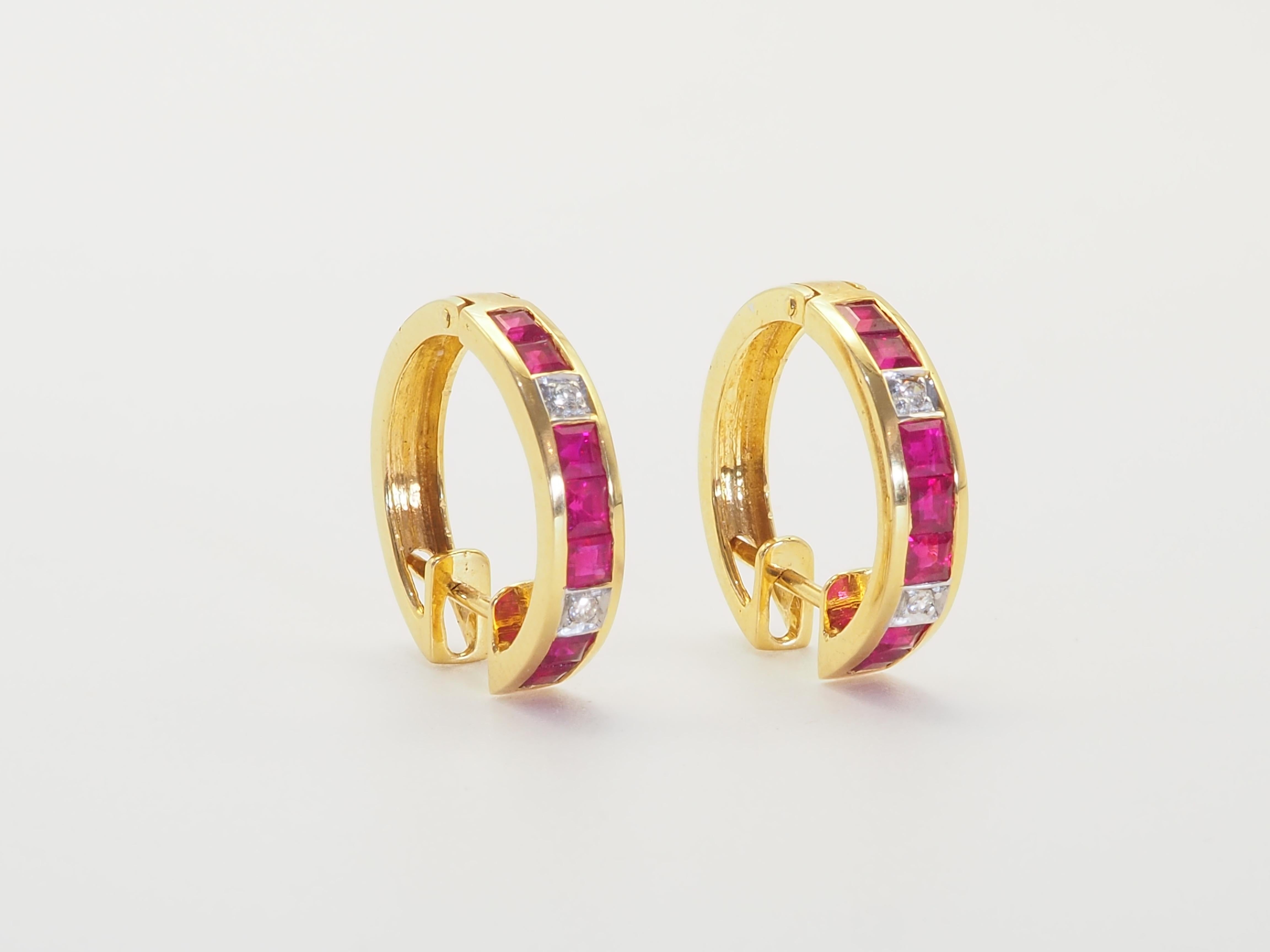 Square Cut 18K Gold 1.40ct Squared Ruby & 0.04ct Diamond Hoop Earrings For Sale