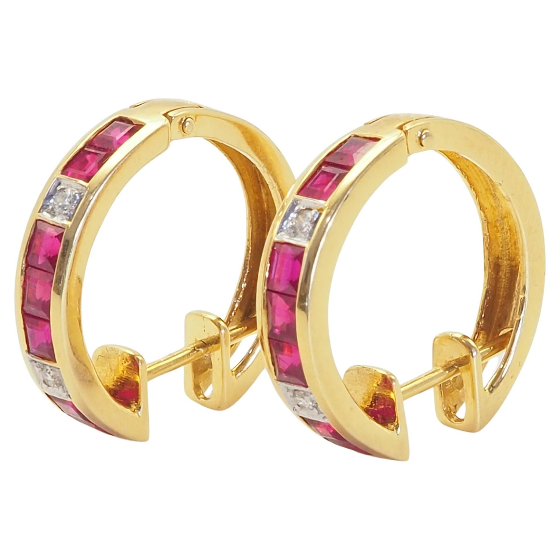 18K Gold 1.40ct Squared Ruby & 0.04ct Diamond Hoop Earrings For Sale