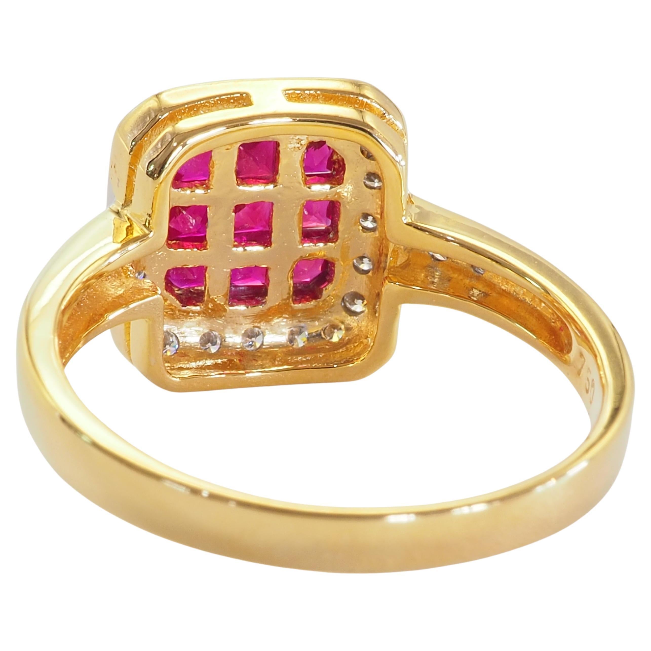 Anillo Halo Invisible de Oro de 18 K con Rubí Rojo Vivo Cuadrado de 1,40 ct y Diamante de 0,16 ct Corte cuadrado en venta