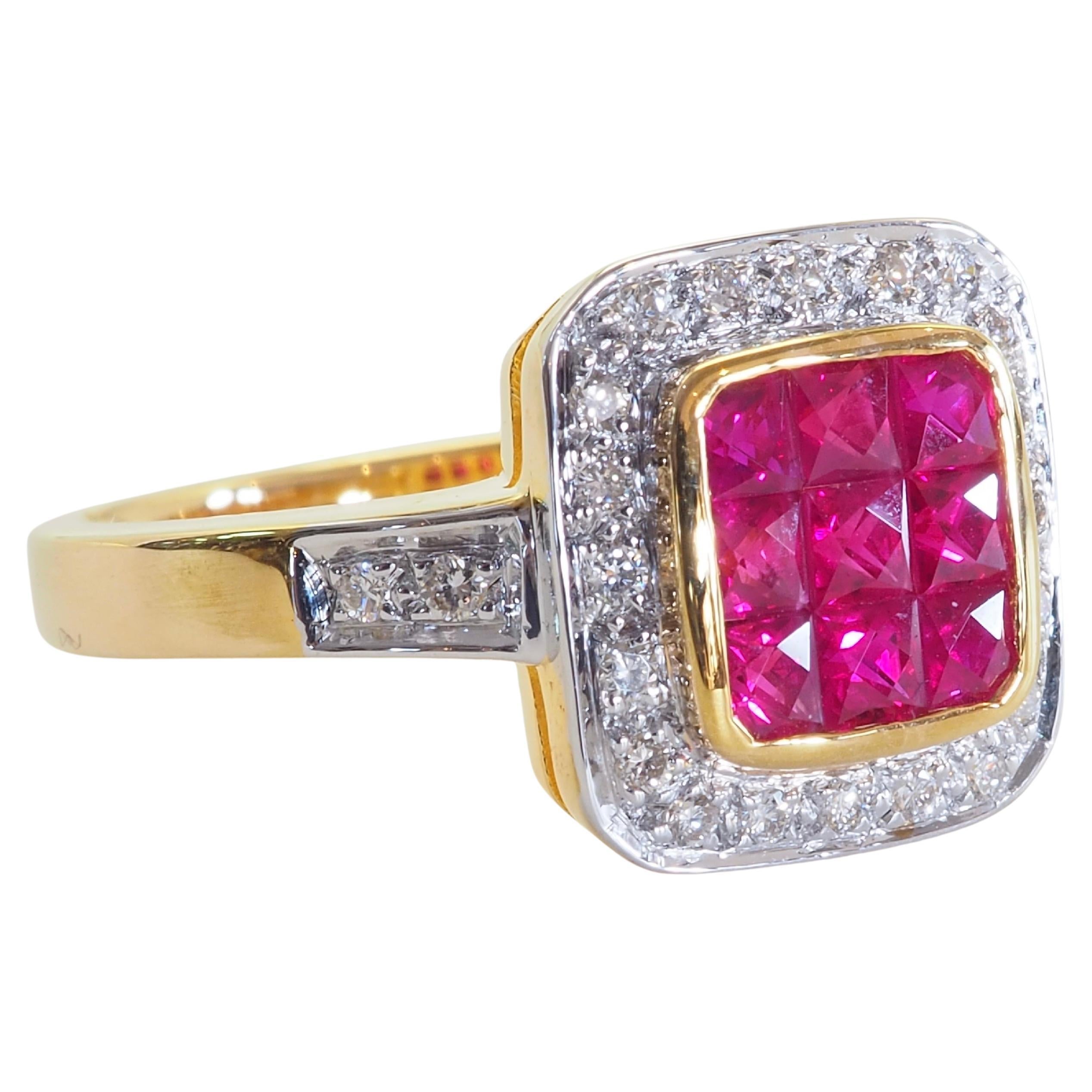 Anillo Halo Invisible de Oro de 18 K con Rubí Rojo Vivo Cuadrado de 1,40 ct y Diamante de 0,16 ct en Nuevo estado para la venta en เกาะสมุย, TH