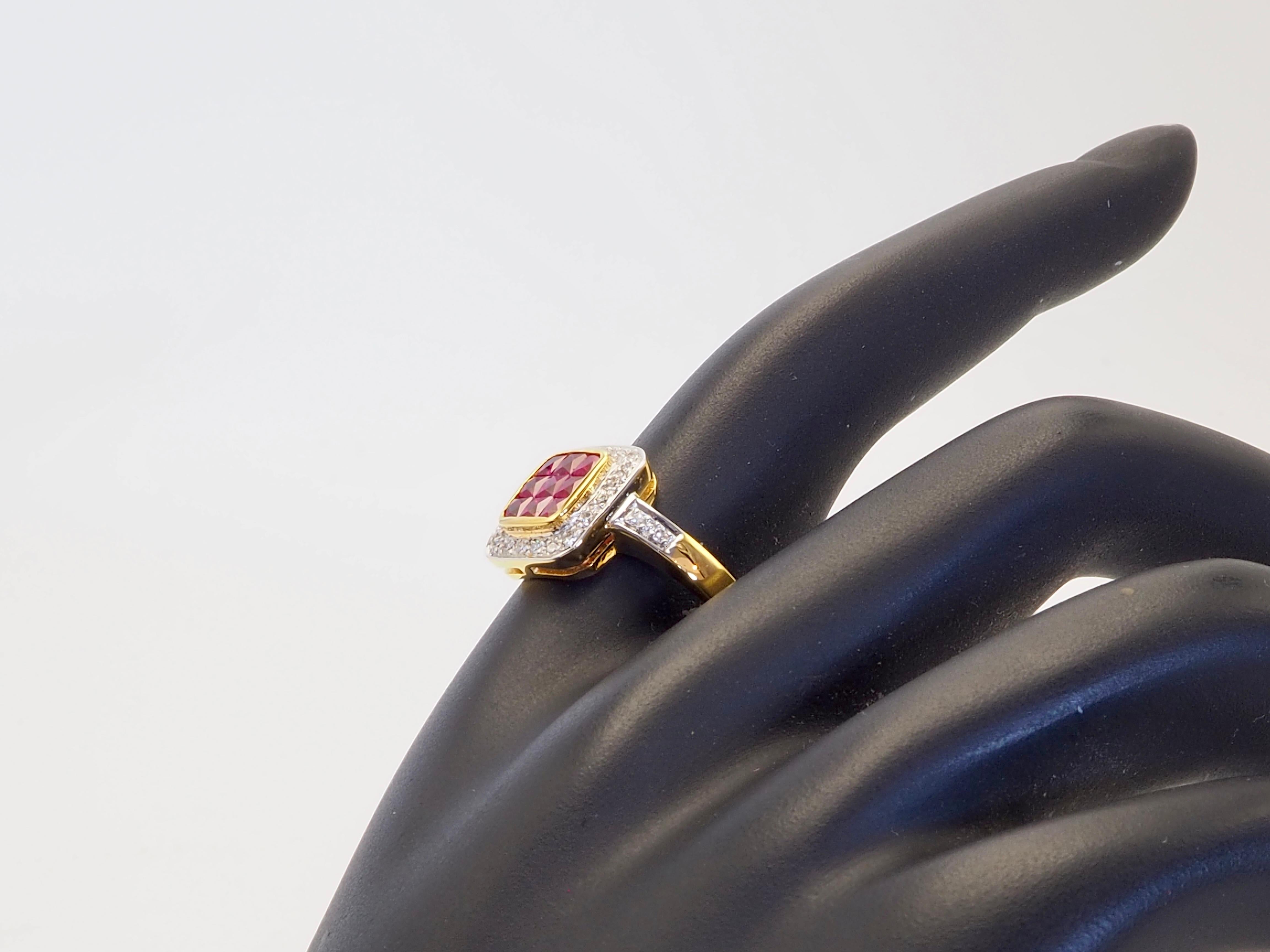 Anillo Halo Invisible de Oro de 18 K con Rubí Rojo Vivo Cuadrado de 1,40 ct y Diamante de 0,16 ct en venta 2