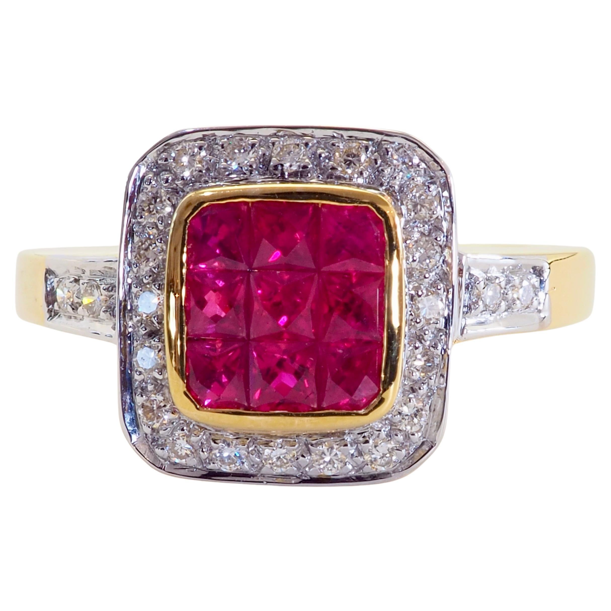 Anillo Halo Invisible de Oro de 18 K con Rubí Rojo Vivo Cuadrado de 1,40 ct y Diamante de 0,16 ct