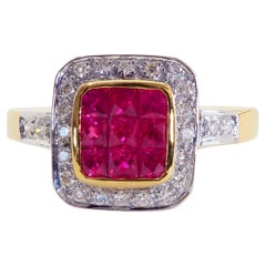Anillo Halo Invisible de Oro de 18 K con Rubí Rojo Vivo Cuadrado de 1,40 ct y Diamante de 0,16 ct