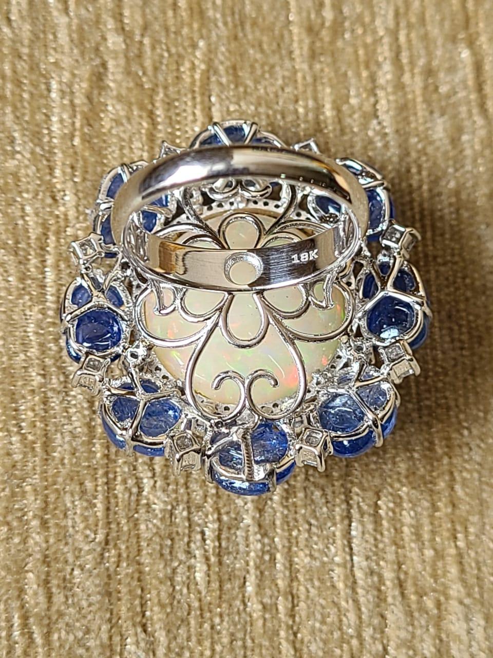 Art Deco 18k Gold, 14.68 Carat Ethiopian Opal, Blue Sapphire & Diamonds Cocktail Ring