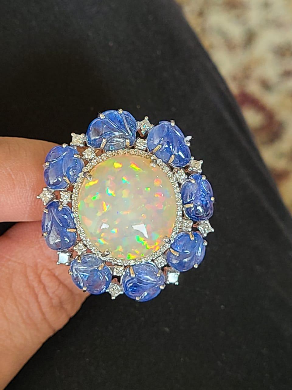 Round Cut 18k Gold, 14.68 Carat Ethiopian Opal, Blue Sapphire & Diamonds Cocktail Ring