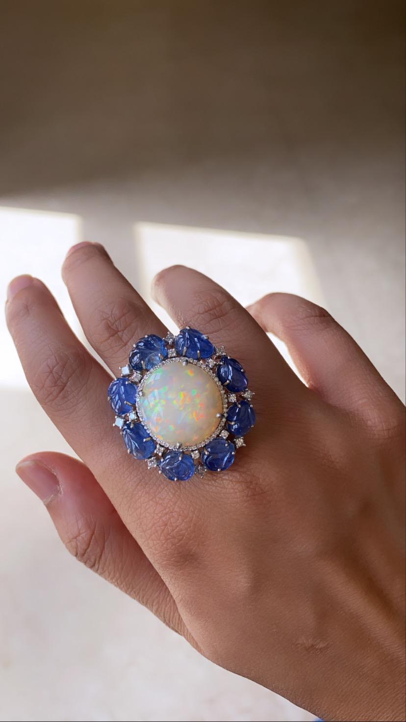 Women's or Men's 18k Gold, 14.68 Carat Ethiopian Opal, Blue Sapphire & Diamonds Cocktail Ring