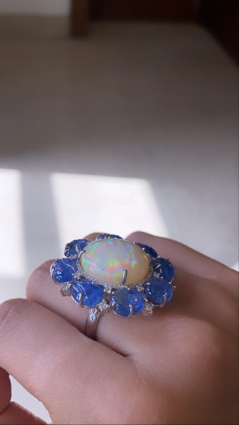 18k Gold, 14.68 Carat Ethiopian Opal, Blue Sapphire & Diamonds Cocktail Ring 1