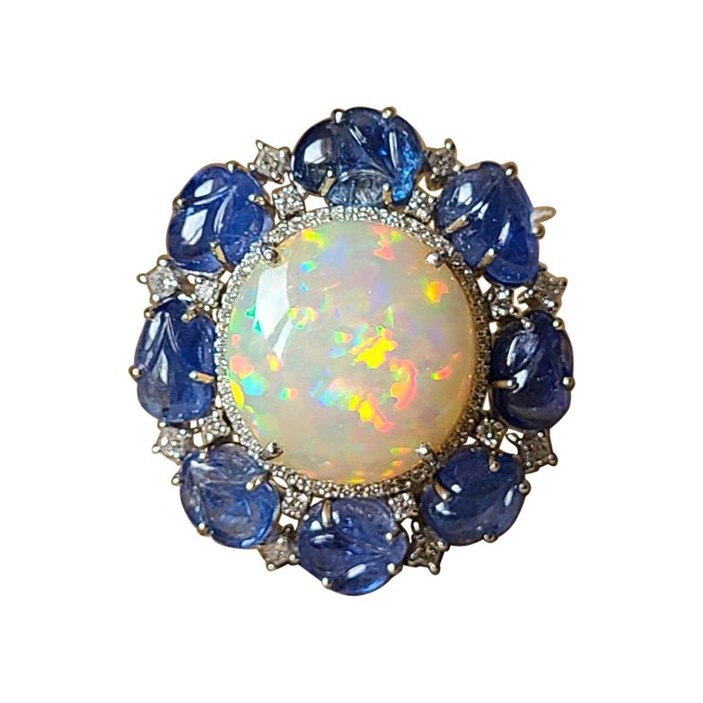 18k Gold, 14.68 Carat Ethiopian Opal, Blue Sapphire & Diamonds Cocktail Ring