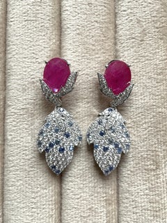 18k Gold 14.88 ct Ruby Oval & 2.46 ct Blue Sapphire Cut Natural Gemstone Earring