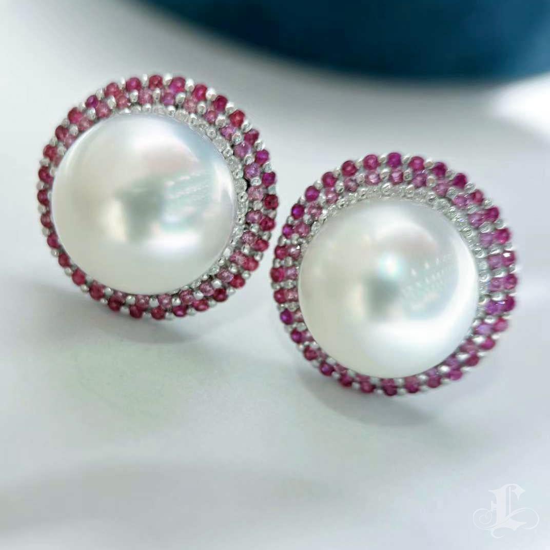 【Crown Radiance】Aurora Blush Halo South Sea Pearl & Pink Sapphire Earrings In New Condition For Sale In New York, NY