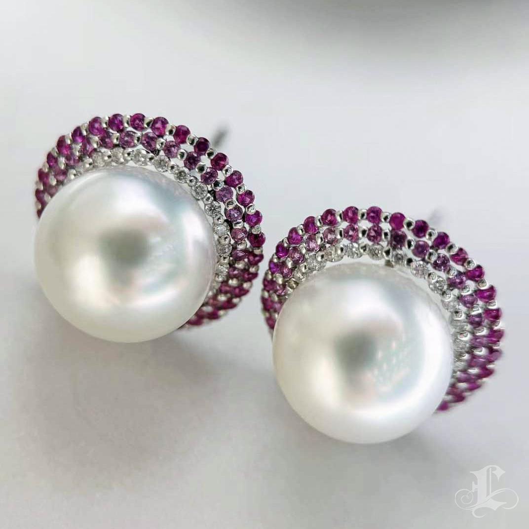 Women's 【Crown Radiance】Aurora Blush Halo South Sea Pearl & Pink Sapphire Earrings For Sale