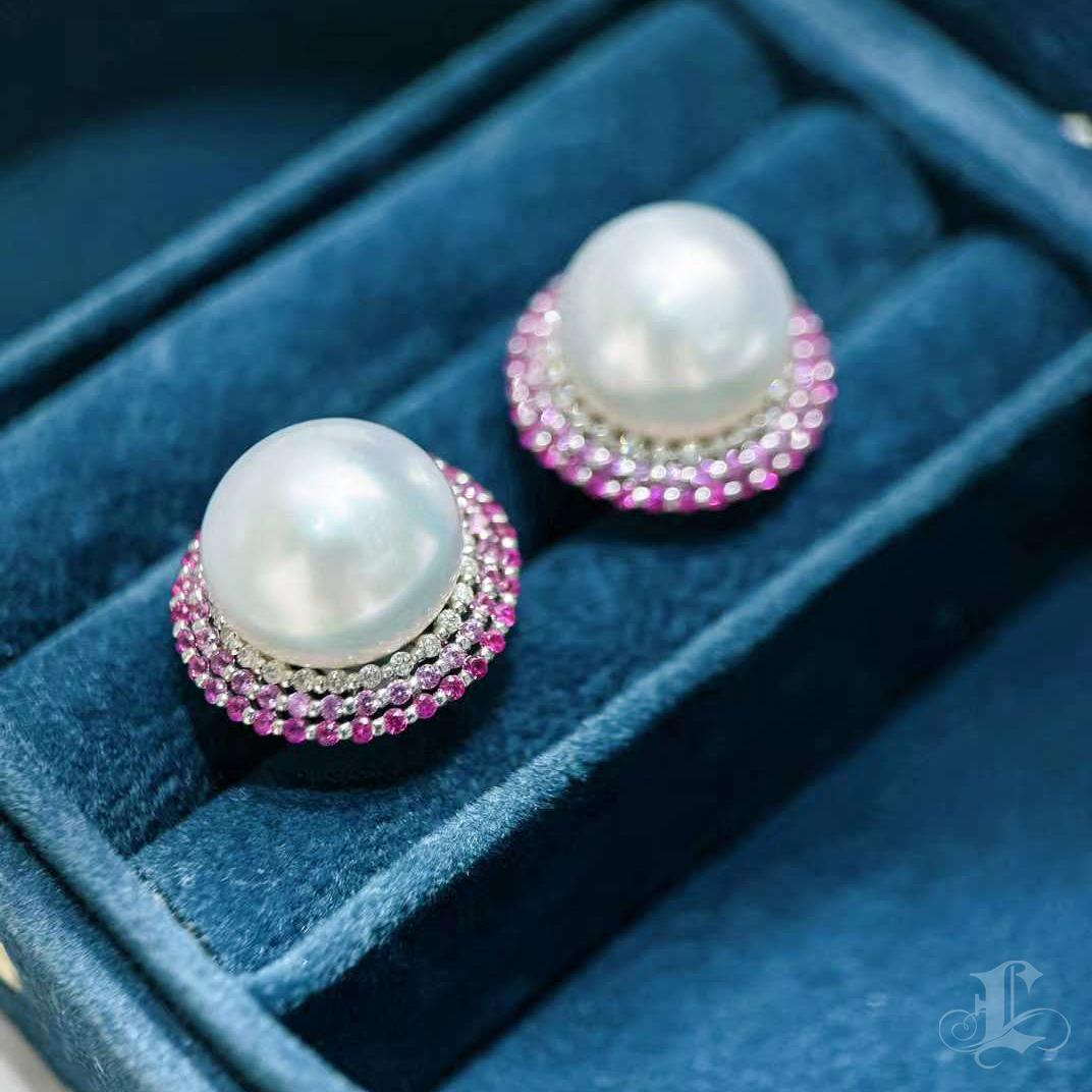 【Crown Radiance】Aurora Blush Halo South Sea Pearl & Pink Sapphire Earrings For Sale 3