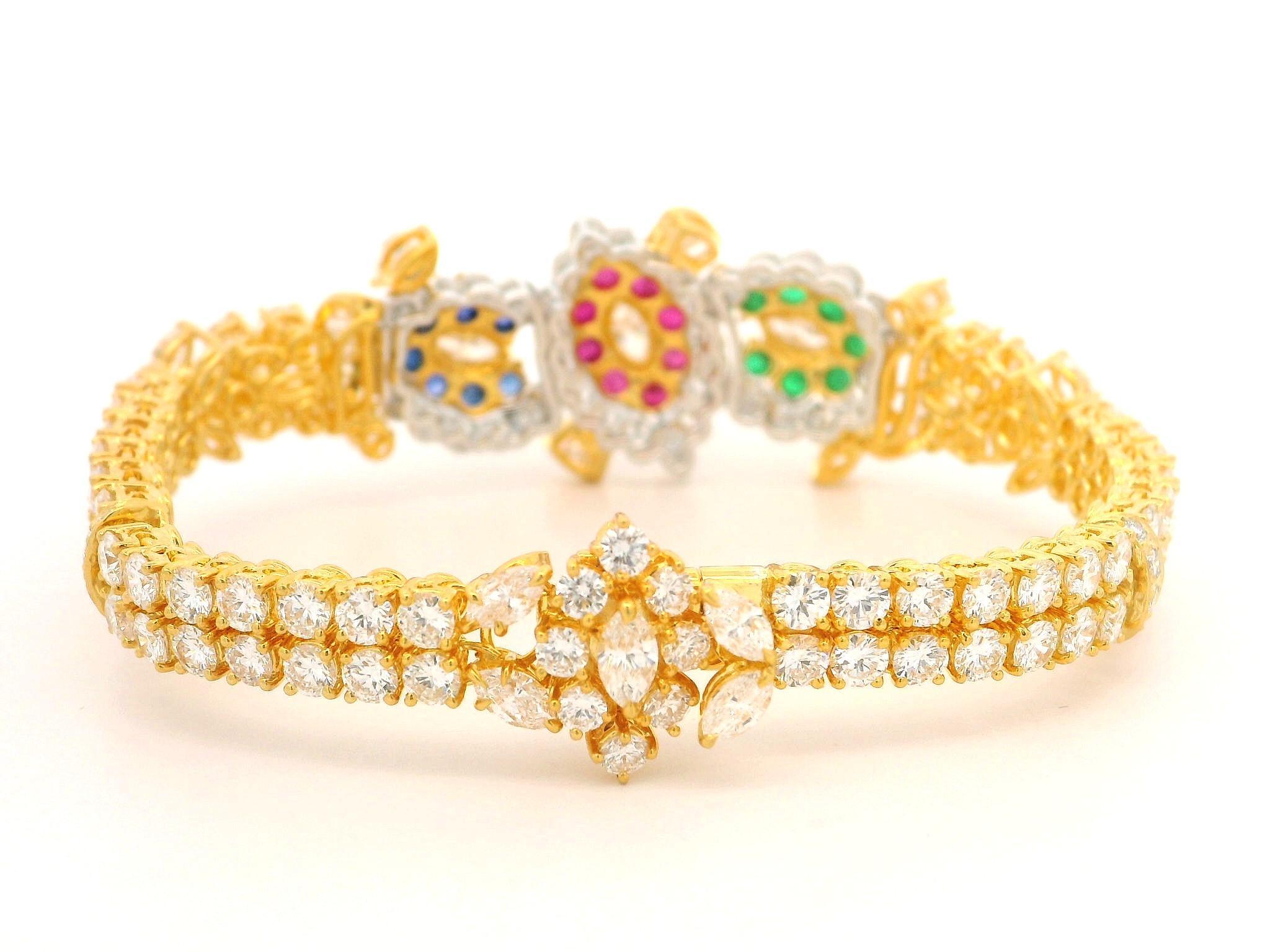 18k Gold 14.93ctw Vivid Sapphire Ruby Emerald & Diamond Tennis Line Bracelet For Sale 5