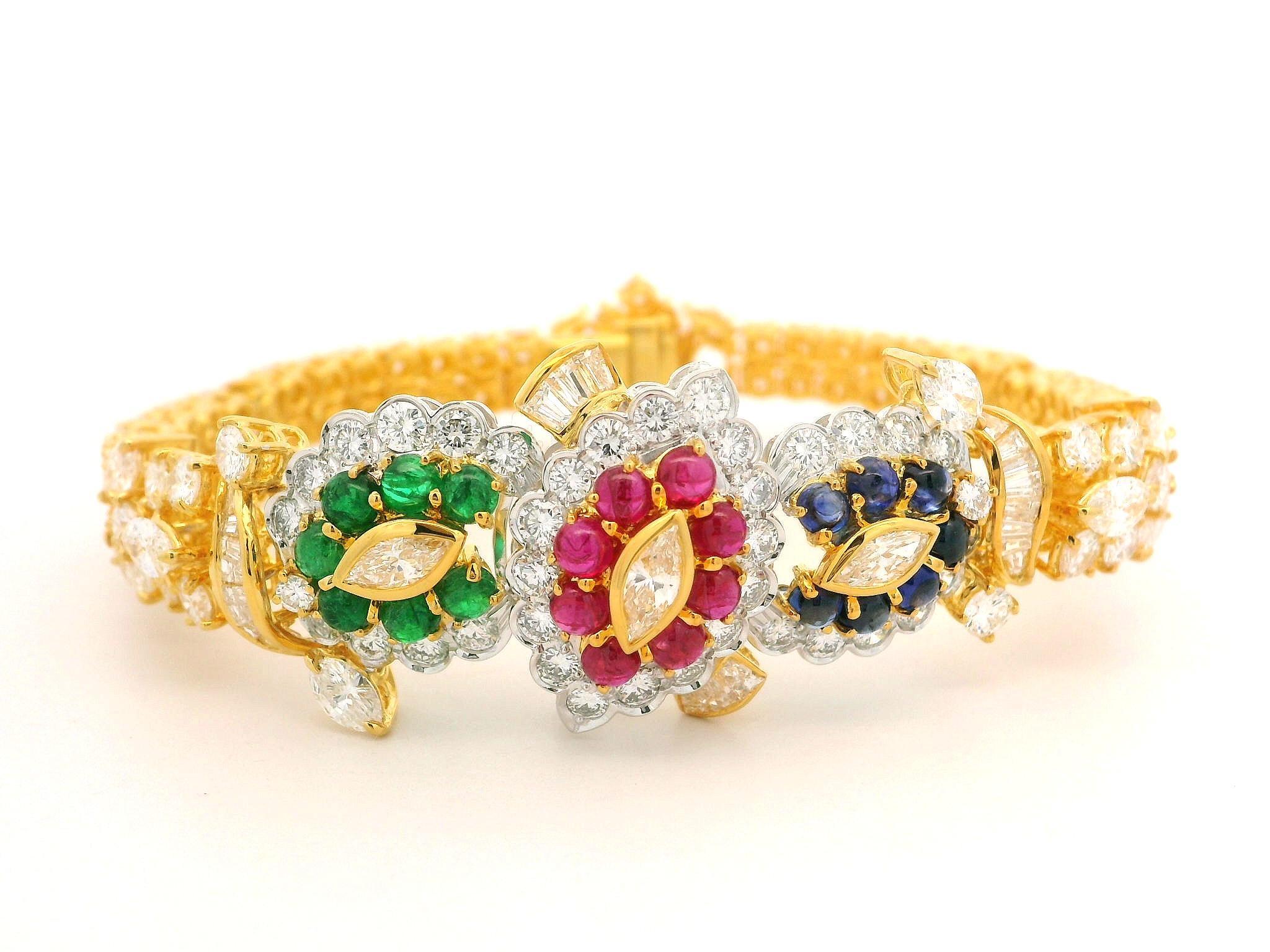 18k Gold 14.93ctw Vivid Sapphire Ruby Emerald & Diamond Tennis Line Bracelet For Sale 6