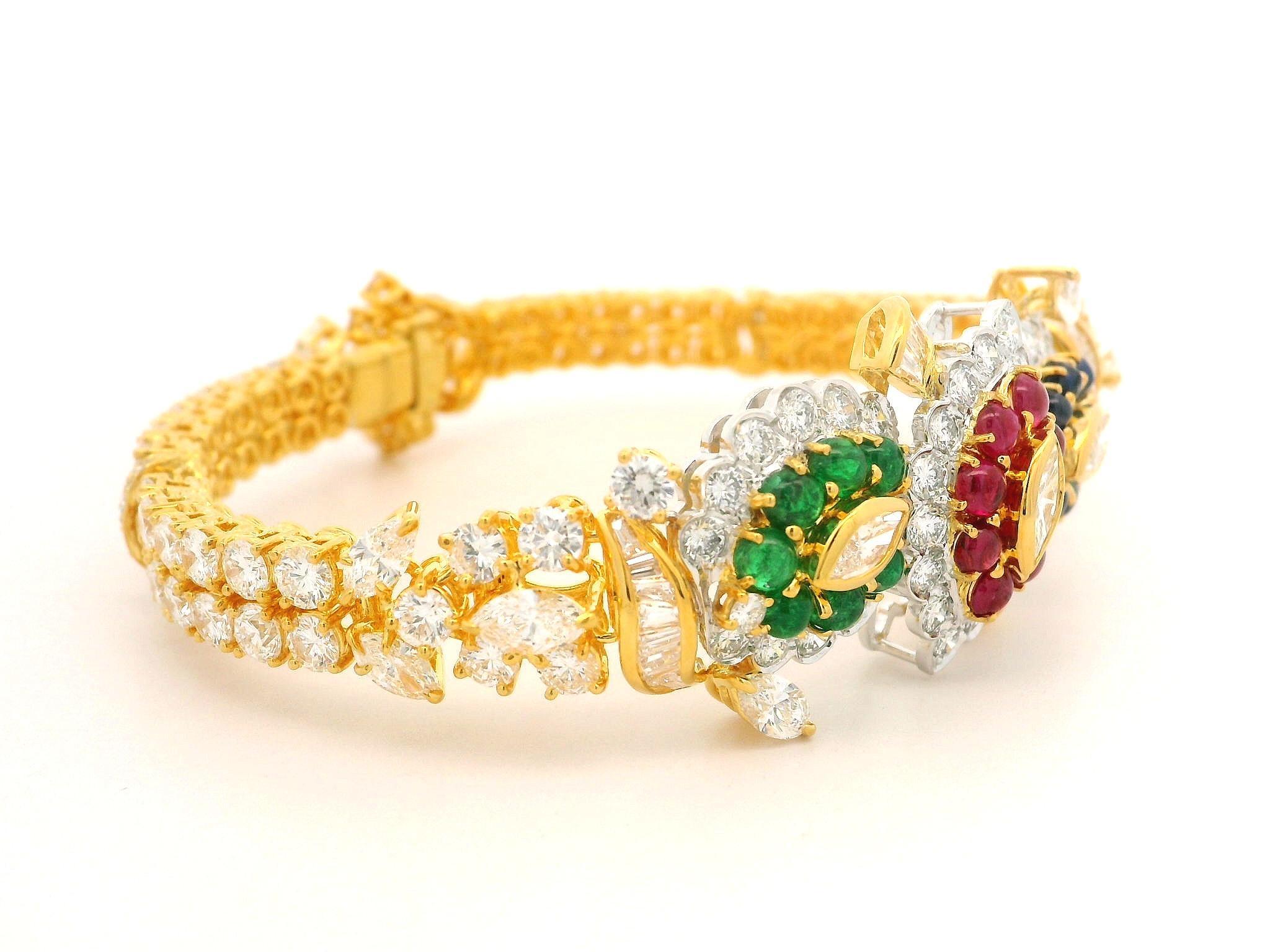 18k Gold 14.93ctw Vivid Sapphire Ruby Emerald & Diamond Tennis Line Bracelet For Sale 7