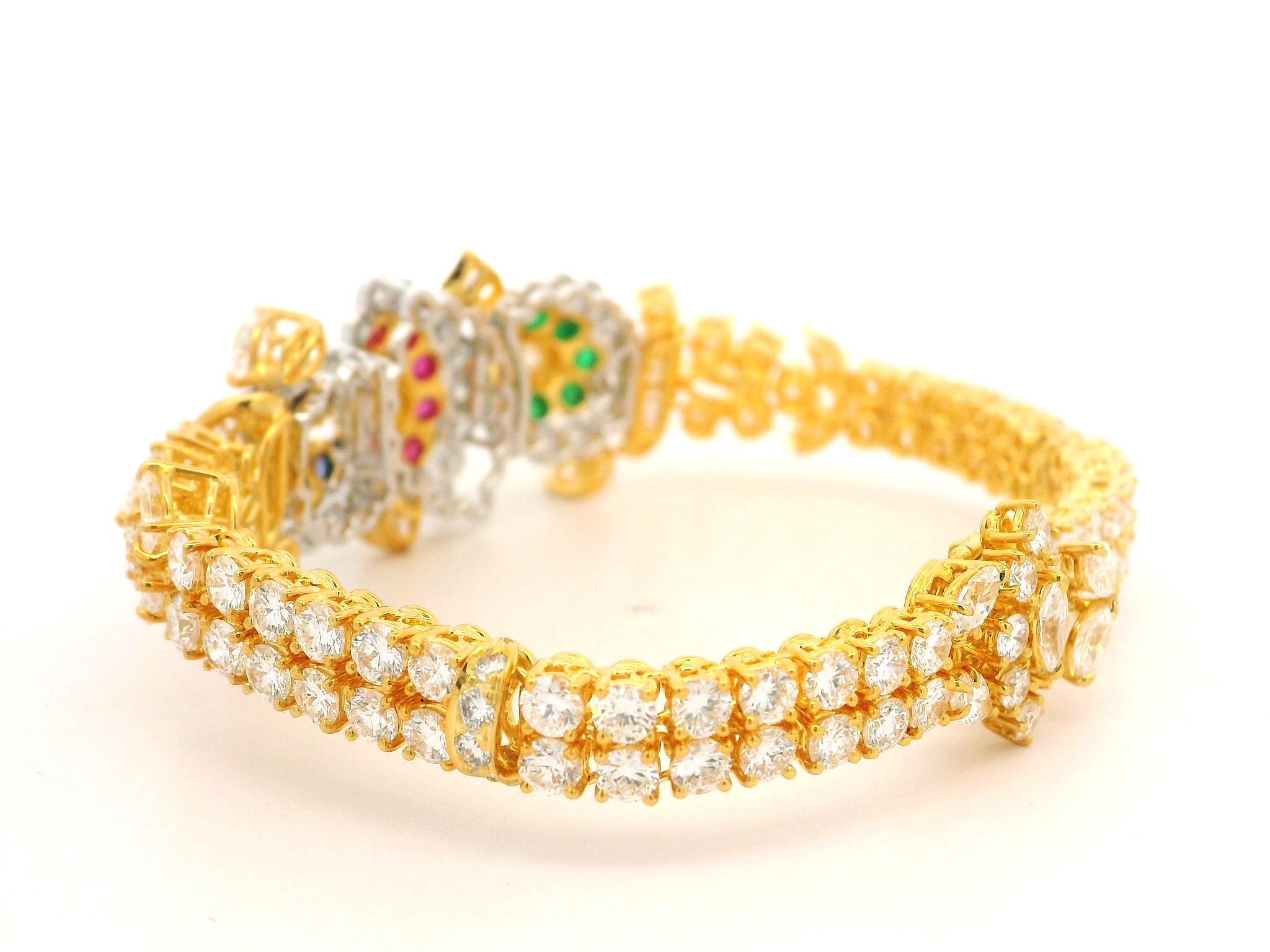 18k Gold 14.93ctw Vivid Sapphire Ruby Emerald & Diamond Tennis Line Bracelet For Sale 8
