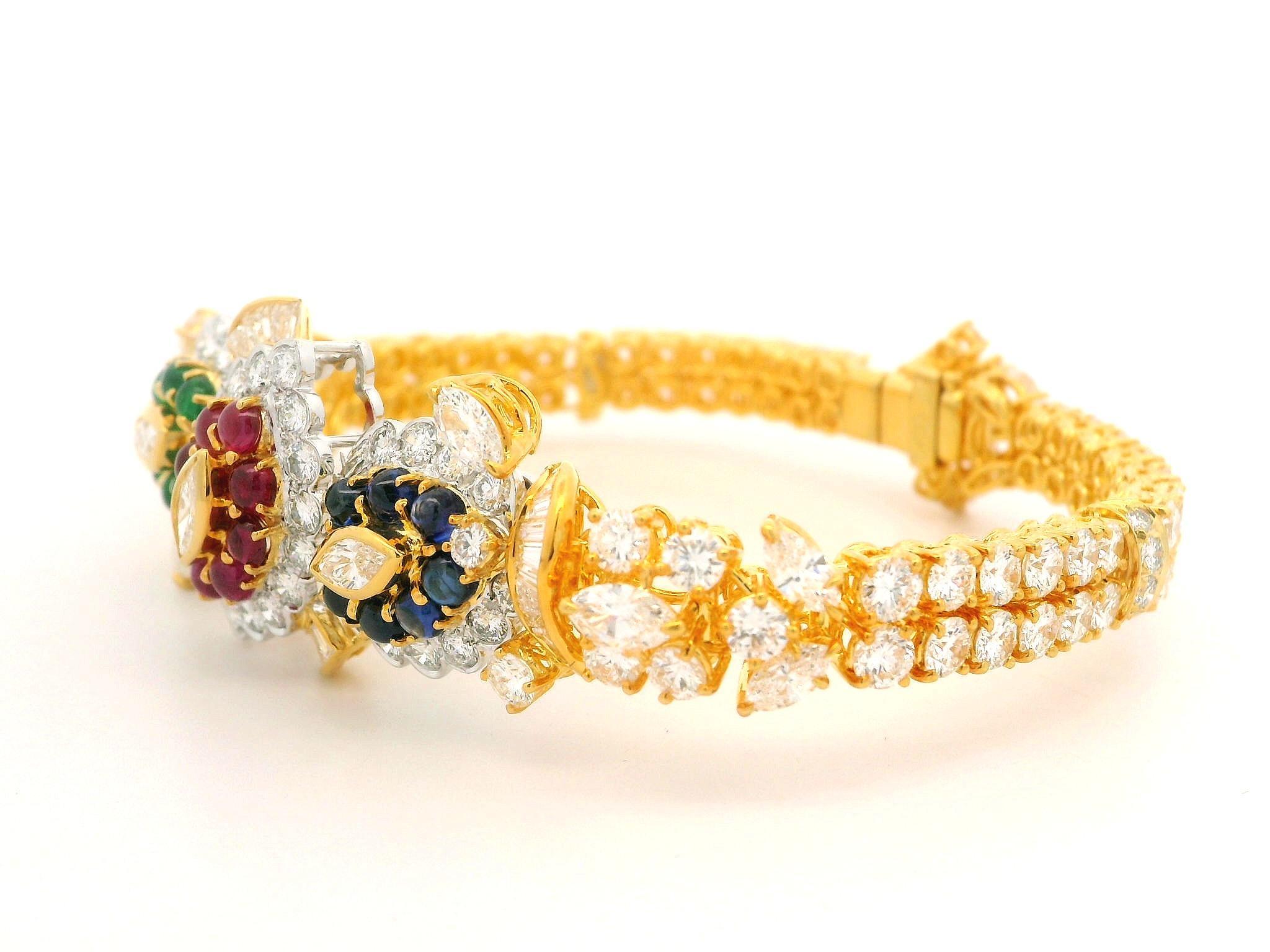 18k Gold 14.93ctw Vivid Sapphire Ruby Emerald & Diamond Tennis Line Bracelet For Sale 9