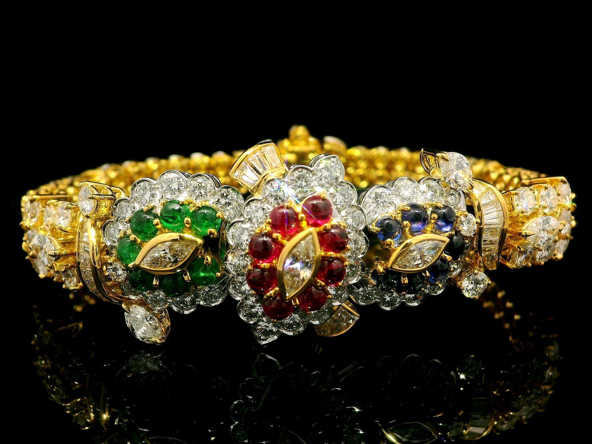Women's 18k Gold 14.93ctw Vivid Sapphire Ruby Emerald & Diamond Tennis Line Bracelet For Sale