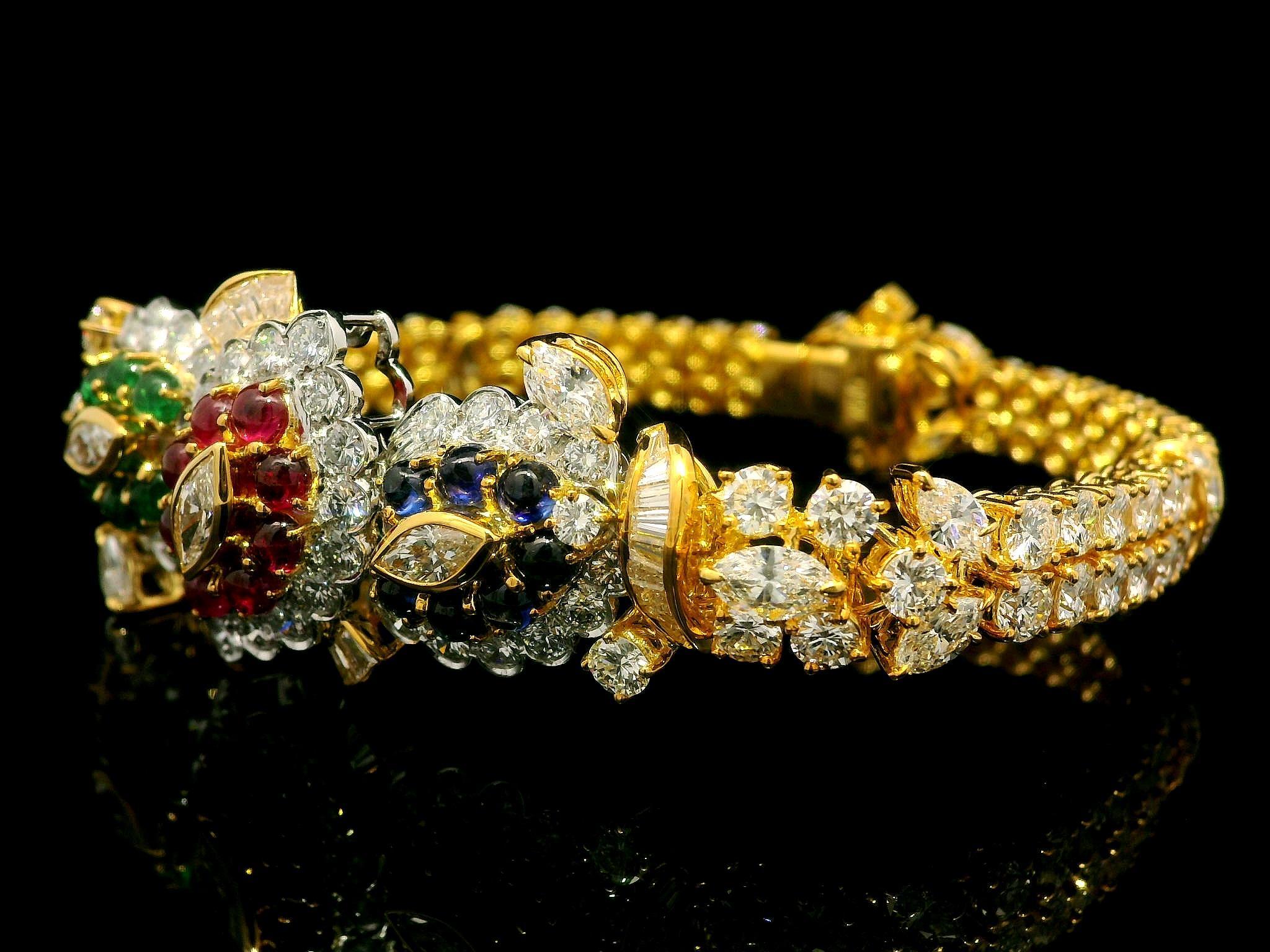 18k Gold 14.93ctw Vivid Sapphire Ruby Emerald & Diamond Tennis Line Bracelet For Sale 1