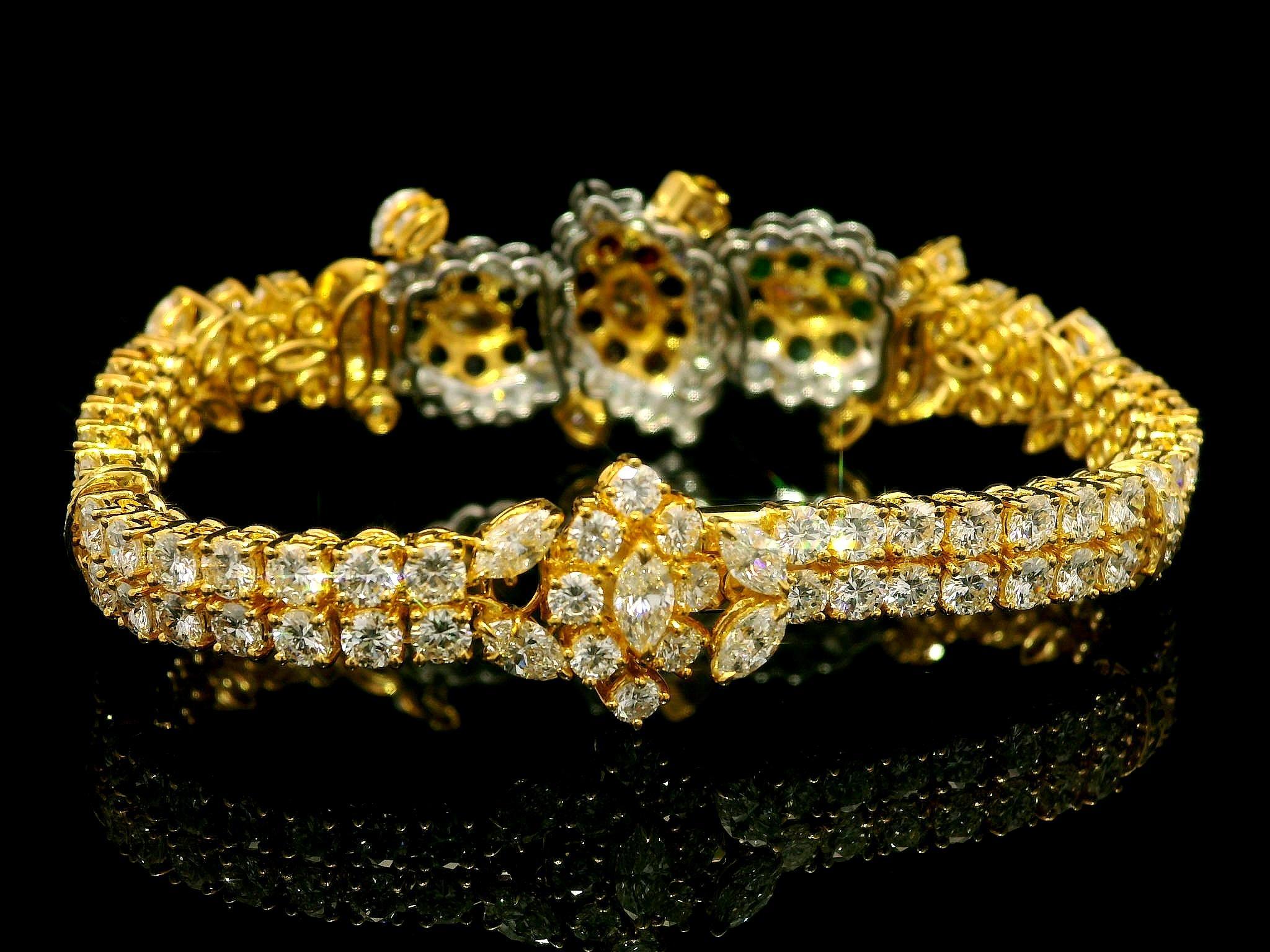 18k Gold 14.93ctw Vivid Sapphire Ruby Emerald & Diamond Tennis Line Bracelet For Sale 2