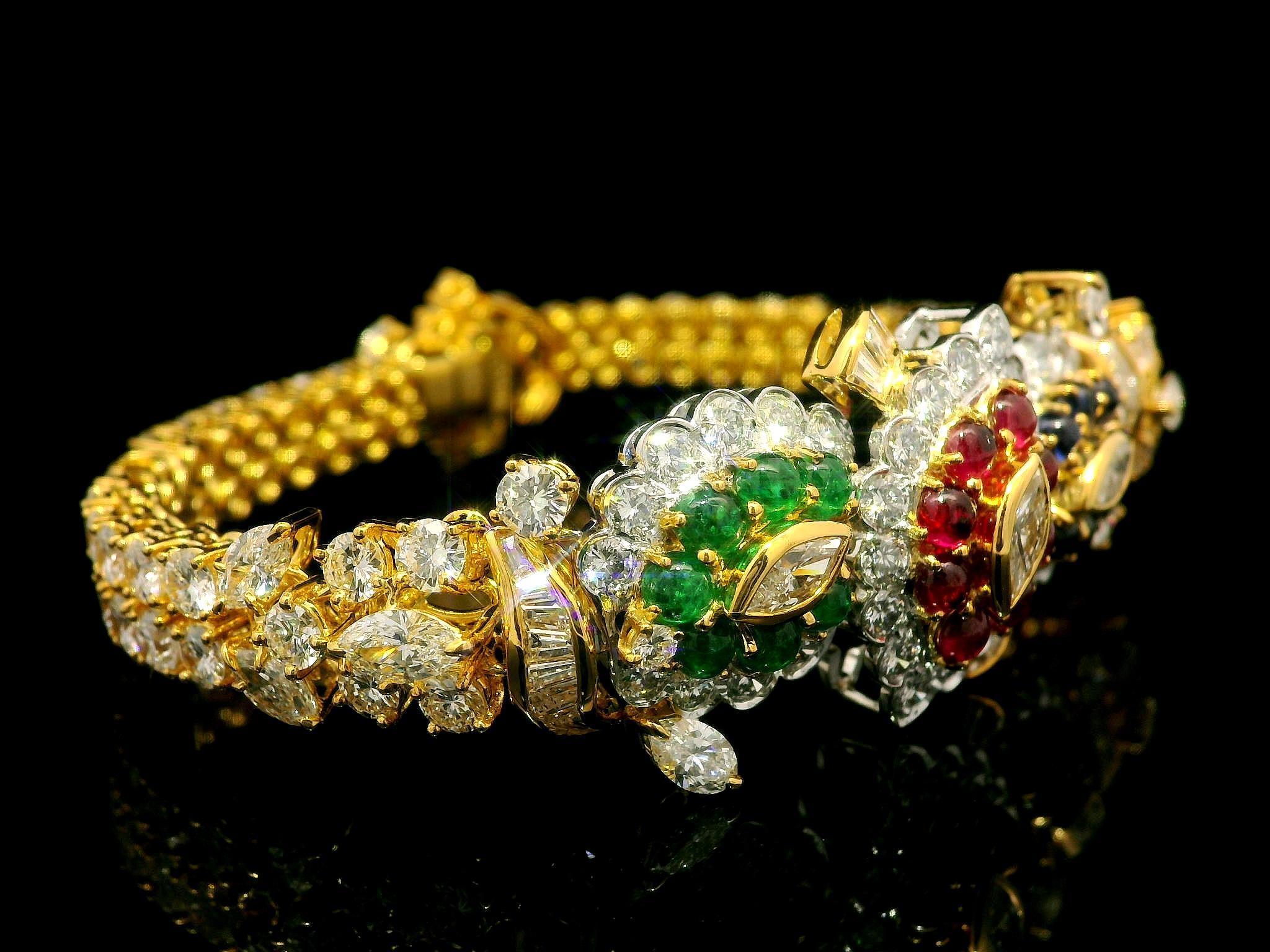 18k Gold 14.93ctw Vivid Sapphire Ruby Emerald & Diamond Tennis Line Bracelet For Sale 3