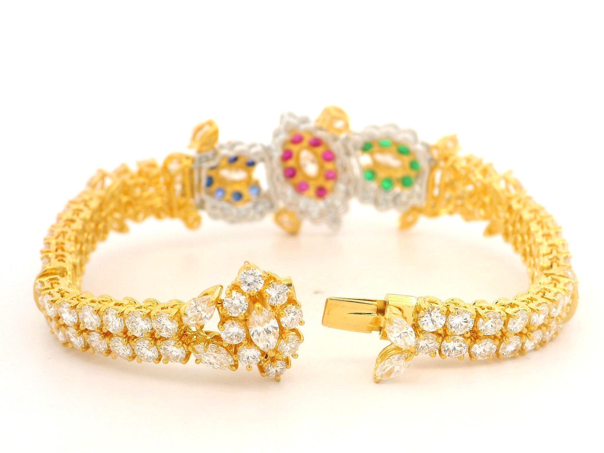 18k Gold 14.93ctw Vivid Sapphire Ruby Emerald & Diamond Tennis Line Bracelet For Sale 4