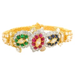 18k Gold 14.93ctw Vivid Sapphire Ruby Emerald & Diamond Tennis Line Bracelet