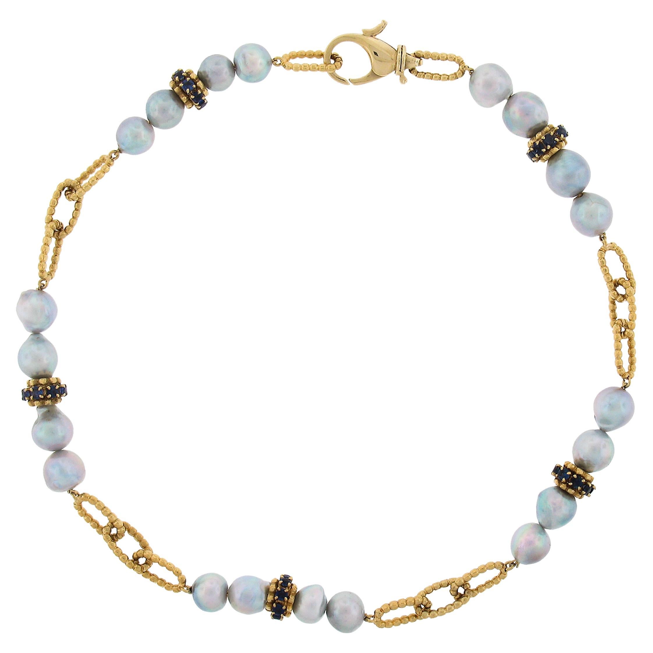 18k Gold 15" Baroque Gray Pearl & Sapphires Open Oval Twisted Rope Station Link For Sale