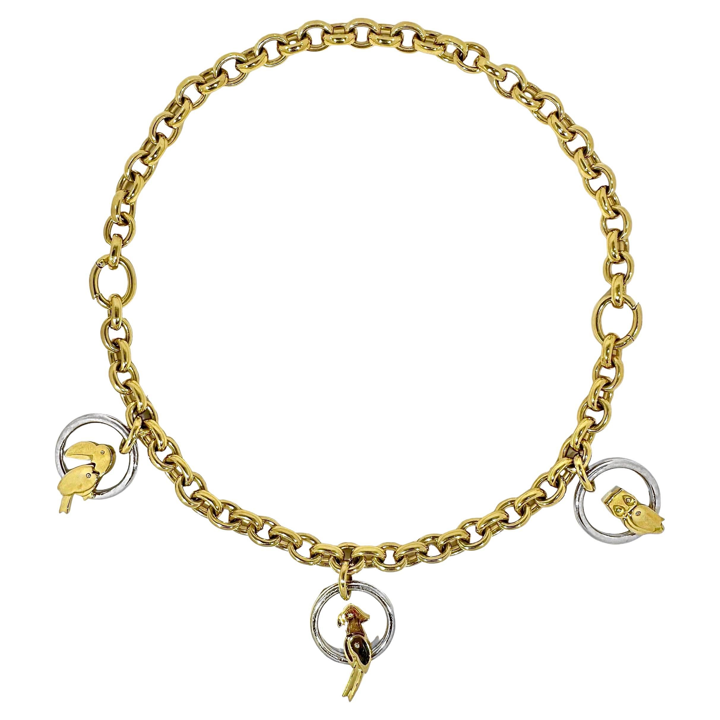 18k Gold 15 Inch Necklace with Aviary Theme Made from 2 Bracelets by Pomellato 