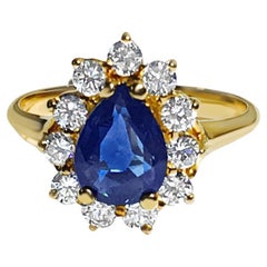 18K Gold, 1.50 Carat Blue Sapphire and Diamond Ring
