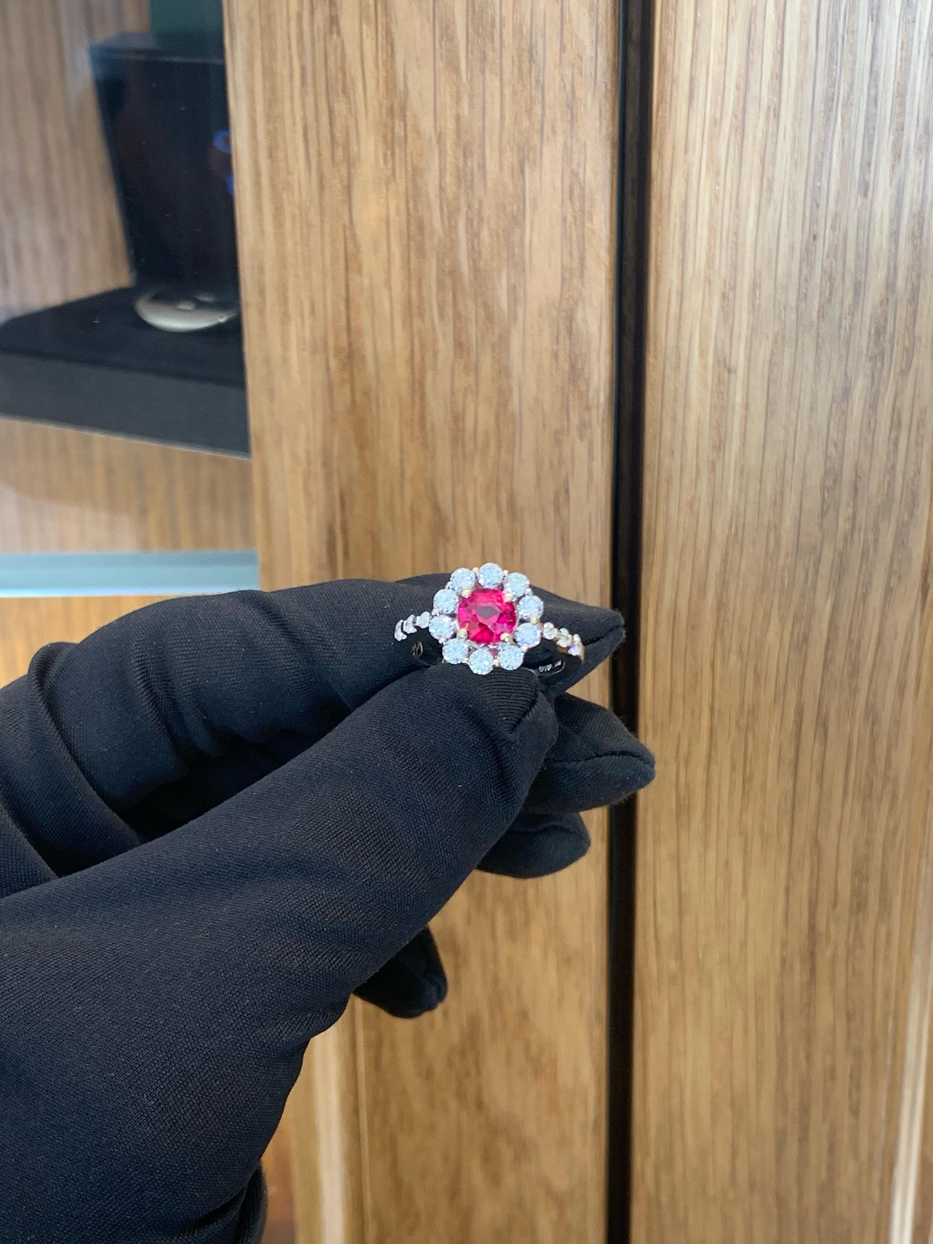 Beautifully Hand Crafted 18k White Gold Ruby & Diamond Ring.
Famous Halo Setting.
Amazing Shine, Incredible Craftsmanship.
Great Statement Piece.
Beautiful Flower Design.
Approximately 1.50 Carats Ruby.
Approximately 1.20 Carats Of Diamonds.
Nice &
